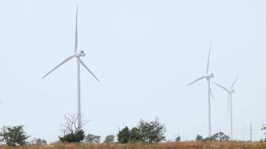 Rüzgar elektro jeneratörleri yaz sarı alanında dönüyor. Kırsal kesimde geleceğin yeşil ekolojik enerjisi. Ukrayna türbinleri, güç üretimi