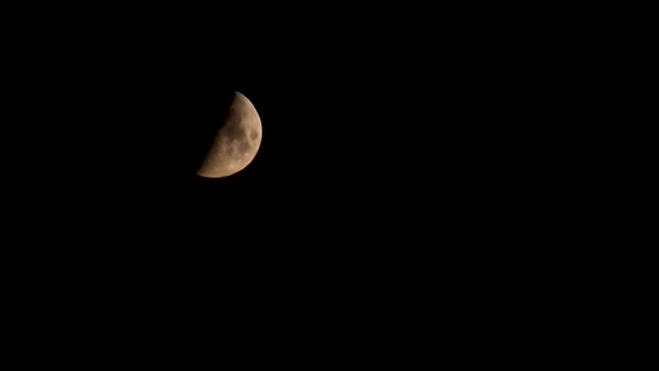 半月相的黑色晴空从左上角移动到右下角 然后变红 月球表面的光芒 — 图库视频影像