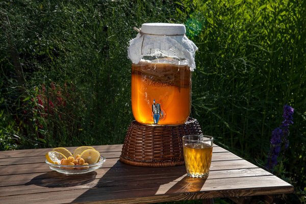  Kombucha. Fermented healthy drink. Quenches thirst on a hot day.