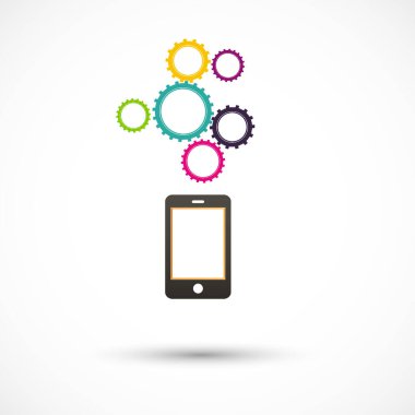 Vektör siyah akıllı telefon soyut renkli dişliler beyaz arkaplan