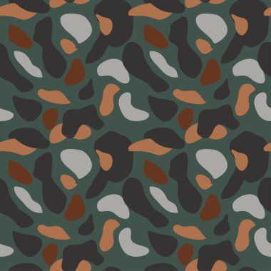 Desen arka plan sorunsuz vektör çizim kamuflaj. Klasik askeri giyim tarzı. Camo tekrar doku gömlek yazdırma. Gri kahverengi siyah renkler doku orman