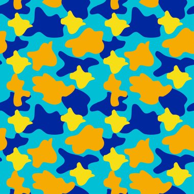 Desen arka plan sorunsuz vektör çizim kamuflaj. Klasik askeri giyim tarzı. Camo tekrar doku gömlek yazdırma. Mavi sarı renk moda deniz doku