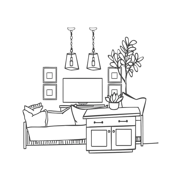 Innenarchitektur Illustration Skizze Moderne Weiße Wohnzimmer Trendigen Stil Hausdekoration Möbel — Stockvektor