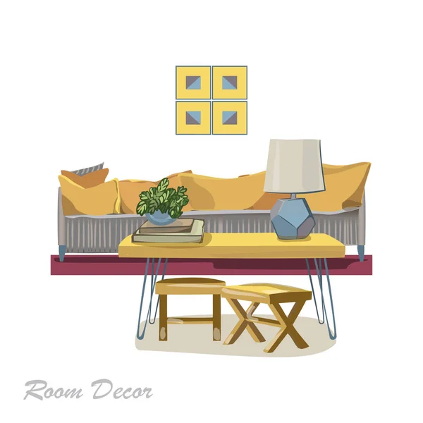Ilustração Design Interiores Sala Estar Amarela Moderna Estilo Moderno Decoração — Vetor de Stock