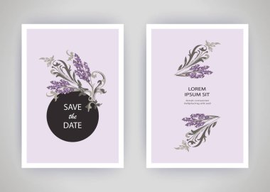 Kartı çiçek lavanta, yaprakları ile dizi. Düğün süsleme kavramı. Çiçek trendy poster, davet. Vektör dekoratif tebrik kartı veya davetiye tasarım arka plan
