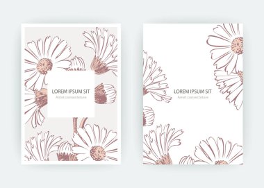 Kart çiçekler Calendula, kasımpatı, papatya, papatya, Aster. Düğün süsleme minimalist pastel renkler. Çiçek trendy poster, davet. Vektör dekoratif tebrik kartı davetiye tasarım arka plan