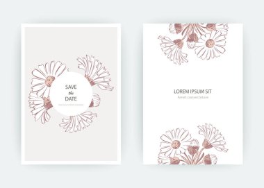 Kart çiçekler Calendula, kasımpatı, papatya, papatya, Aster. Düğün süsleme minimalist pastel renkler. Çiçek trendy poster, davet. Vektör dekoratif tebrik kartı davetiye tasarım arka plan