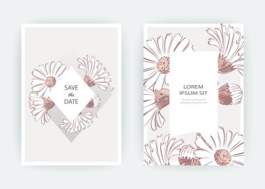 Kart çiçekler Calendula, kasımpatı, papatya, papatya, Aster. Düğün süsleme minimalist pastel renkler. Çiçek trendy poster, davet. Vektör dekoratif tebrik kartı davetiye tasarım arka plan