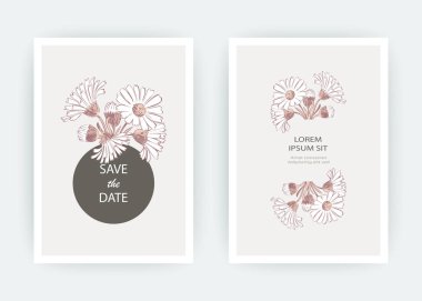 Kart çiçekler Calendula, kasımpatı, papatya, papatya, Aster. Düğün süsleme minimalist pastel renkler. Çiçek trendy poster, davet. Vektör dekoratif tebrik kartı davetiye tasarım arka plan