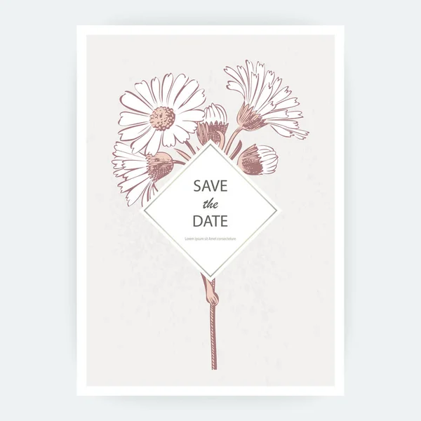 Karte Blüten Ringelblume Chrysantheme Kamille Gänseblümchen Aster Hochzeit Ornament Minimalistischen — Stockvektor