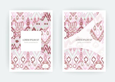 Kart etnik bohem arabesk modelini ayarlayın. Zigzag geometrik soyut pastel kapak tasarımı. Kabile boho arka plan vektör çizimi. Moda şablon vektörü Düğün flaması davetiye broşürü ürünü