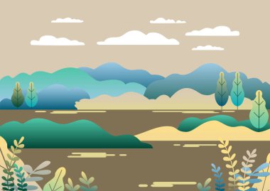 Village landscape in trendy flat and linear style vector illustration. Mountains and hills, lake, flowers and trees, abstract background with copy space for header images for websites, banners, covers clipart