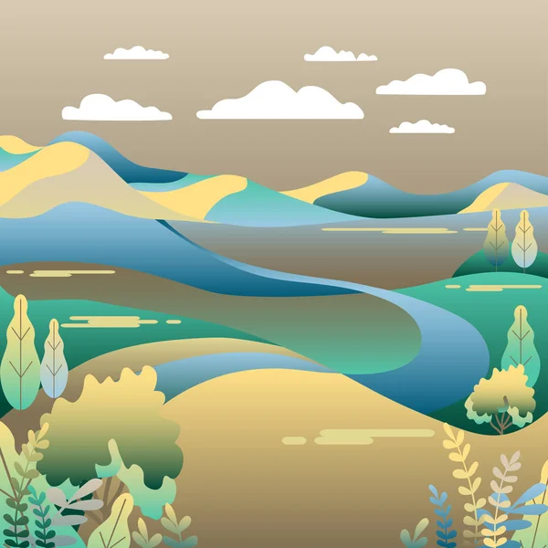 Paisaje Del Pueblo Ilustración Vectorial Estilo Plano Moda Montañas Colinas — Vector de stock