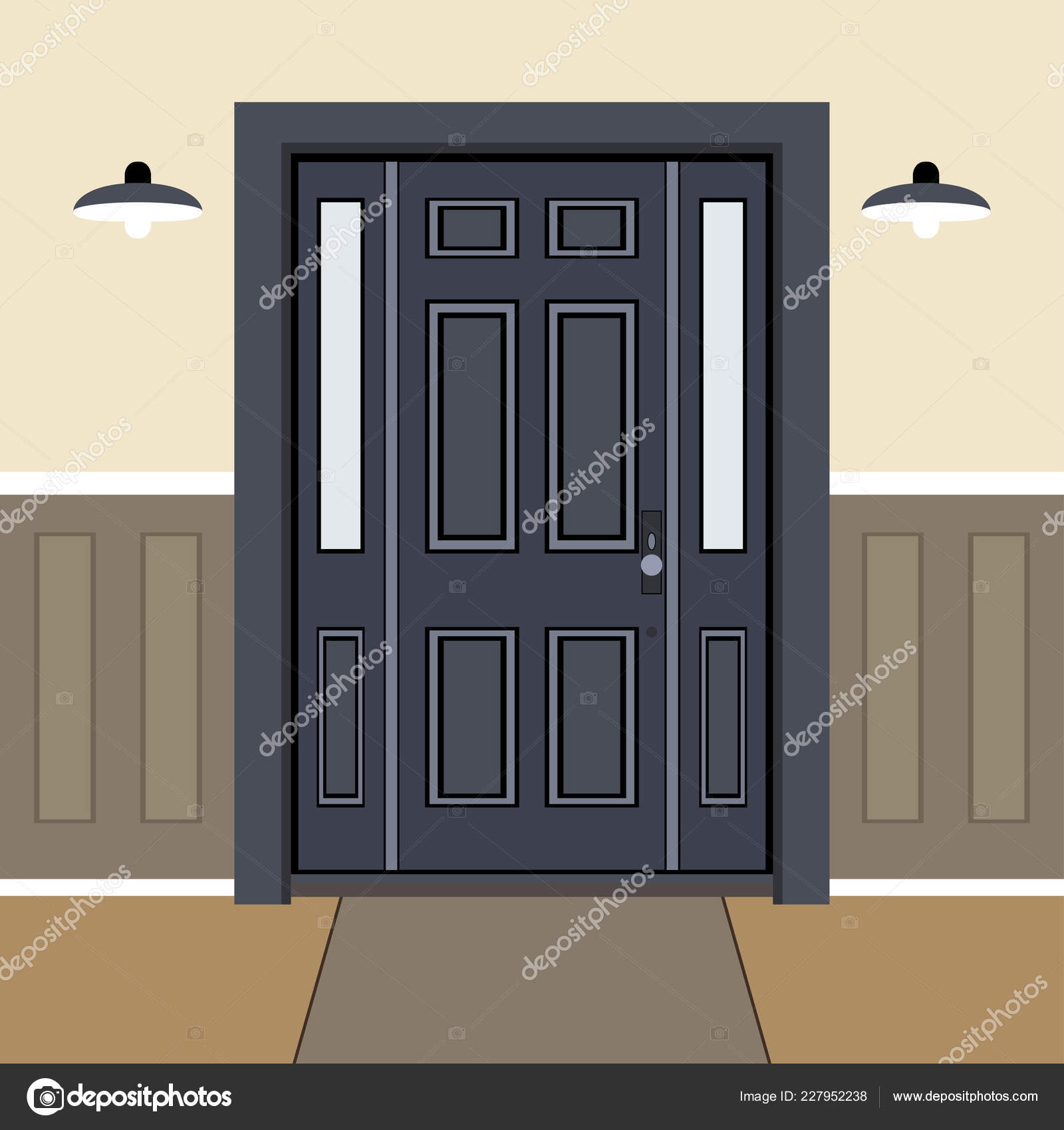 House Door Front Window Flat Style Building Entry Facade