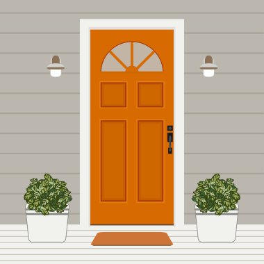 Evin kapı açık giriş cephe tasarımı illüstrasyon vektör yapı pencere ve bitkiler düz stil ile 