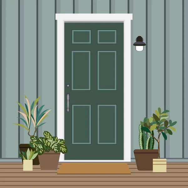 Porte Maison Avant Avec Des Plantes Style Plat Façade Entrée — Image vectorielle