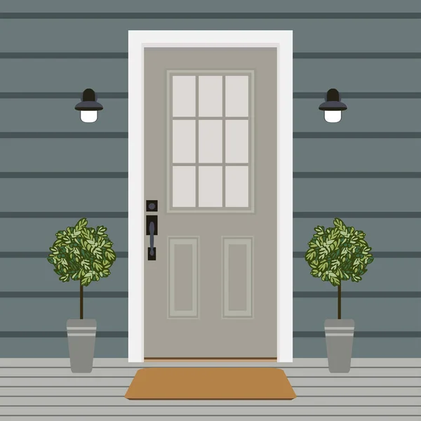 Μπροστινή Πόρτα Σπίτι Παράθυρο Και Φυτά Επίπεδη Στυλ Κτιρίου Εισόδου — Διανυσματικό Αρχείο