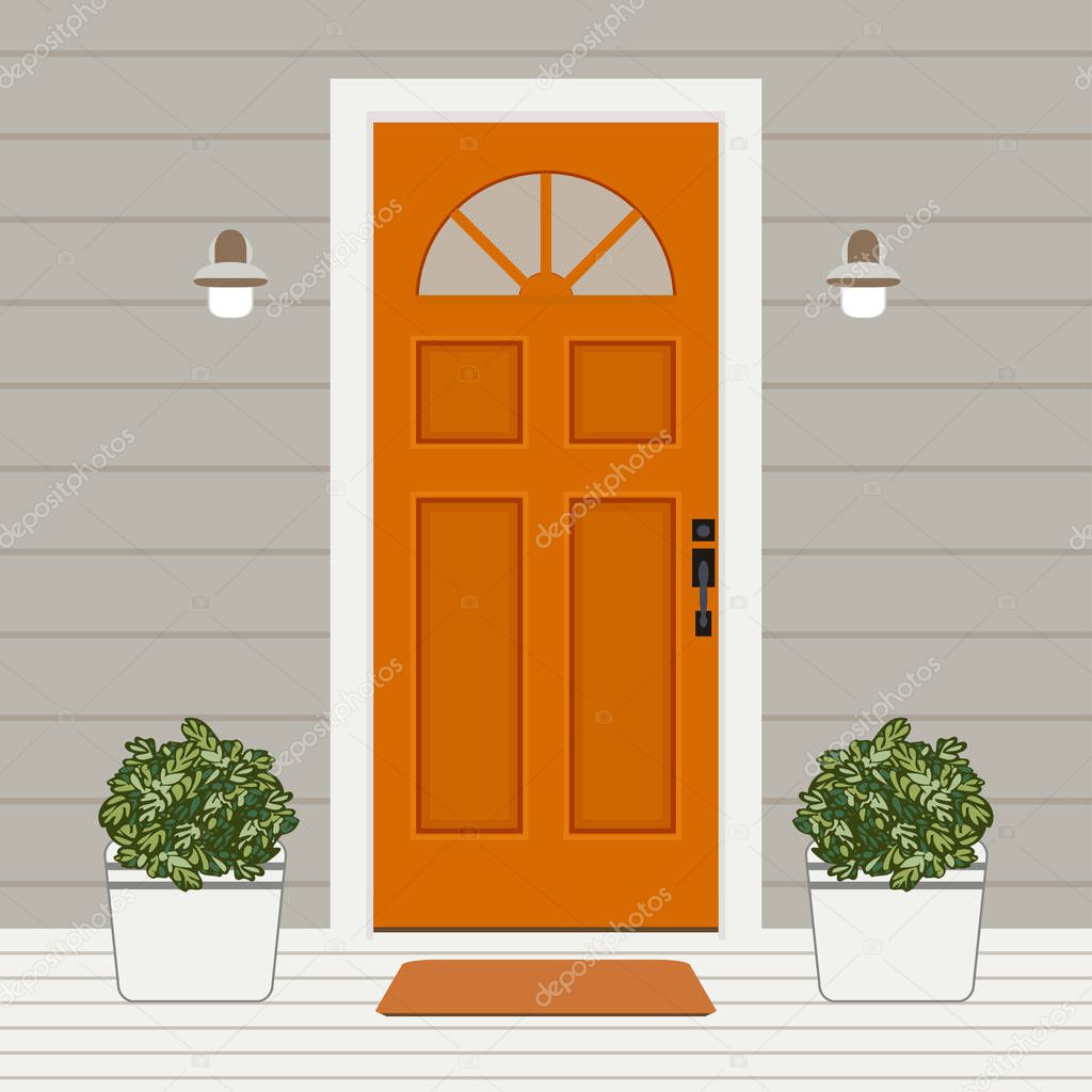 House door front with window and plants flat style, building entry facade design illustration vector 
