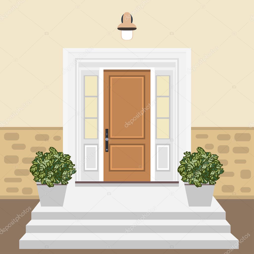 House door front with window and steps in flat style, building entry facade with plants design illustration vector 