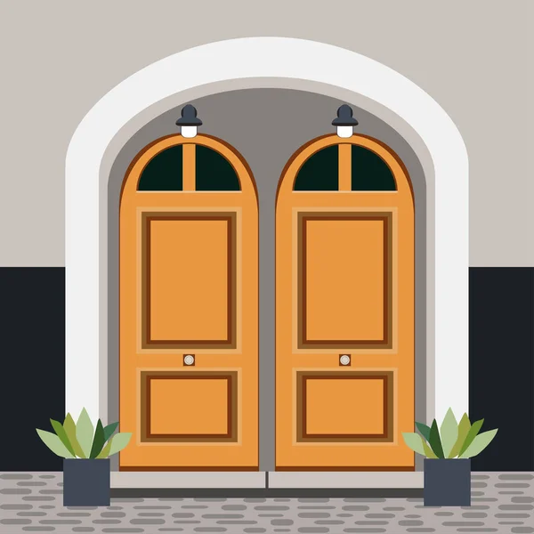 Portada Puerta Casa Con Ventana Escalones Lámparas Plantas Fachada Entrada — Vector de stock