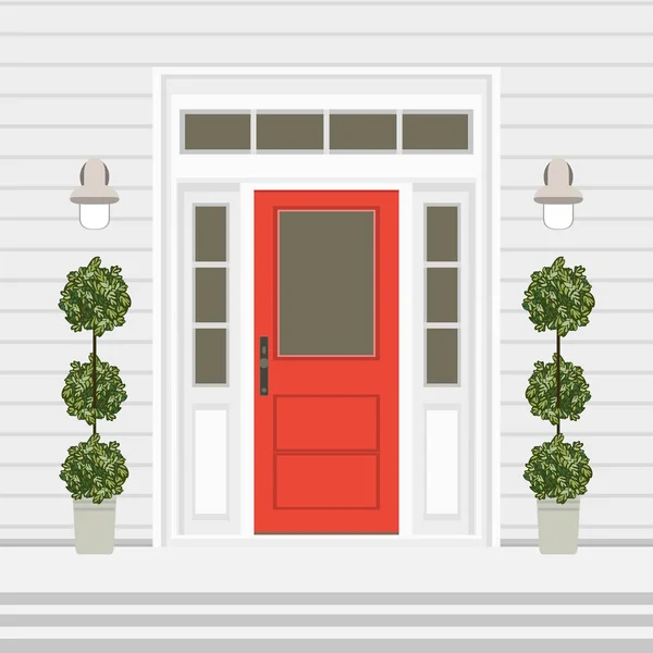Σπίτι Μπροστά Πόρτα Πόρτα Και Βήματα Παράθυρο Λάμπες Λουλούδια Καταχώρηση — Διανυσματικό Αρχείο