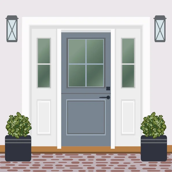 Σπίτι Μπροστά Πόρτα Πόρτα Και Παράθυρο Λάμπες Λουλούδια Είσοδο Πρόσοψης — Διανυσματικό Αρχείο