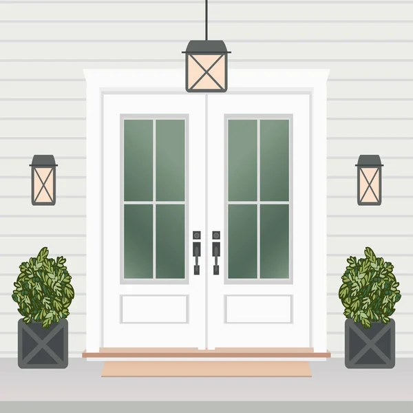 Σπίτι Μπροστά Πόρτα Πόρτα Και Mat Παράθυρο Λάμπες Λουλούδια Εισόδου — Διανυσματικό Αρχείο