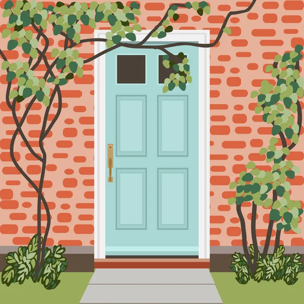 フラット スタイルの家ドア正面玄関口とマット 植物のツリー ブッシュ エントリの外観建物 外観の入口のデザイン イラスト — ストックベクタ