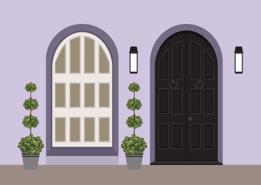 Evin kapı ön kapılarına ve pencere, lamba, çiçekler, giriş cephe, dış giriş illüstrasyon tasarlamak vektör düz tarzı bina ile