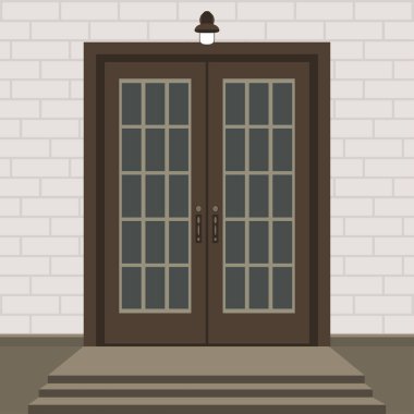Evin kapı ön kapılarına ve adımları, pencere, lamba, çiçekler, Bina girişi cephe, tuğla duvar tasarım illüstrasyon vektör düz ile dış giriş