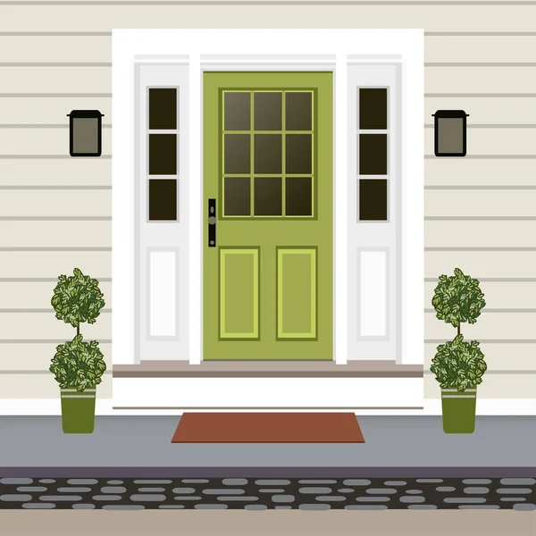 家ドア正面玄関口とマット ステップ ランプ エントリ ファサードのフラット スタイルの外観の入口のデザイン イラストを構築で — ストックベクタ
