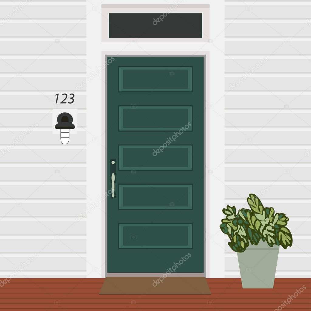 House door front with doorstep and mat, lamp, flowers, building entry facade, exterior entrance design illustration vector in flat style