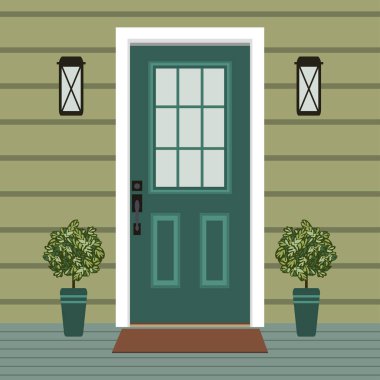 Evin kapı ön kapılarına ve mat, pencere, lamba, çiçekler, giriş cephe, dış giriş illüstrasyon tasarlamak vektör düz tarzı bina ile