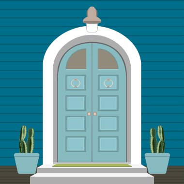 Evin kapı ön kapılarına ve mat, merdiven, pencere, lamba, çiçekler, giriş cephe, dış giriş illüstrasyon tasarlamak vektör düz tarzı bina ile