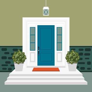 Evin kapı ön kapılarına ve mat, merdiven, pencere, lamba, çiçekler, giriş cephe, dış giriş illüstrasyon tasarlamak vektör düz tarzı bina ile