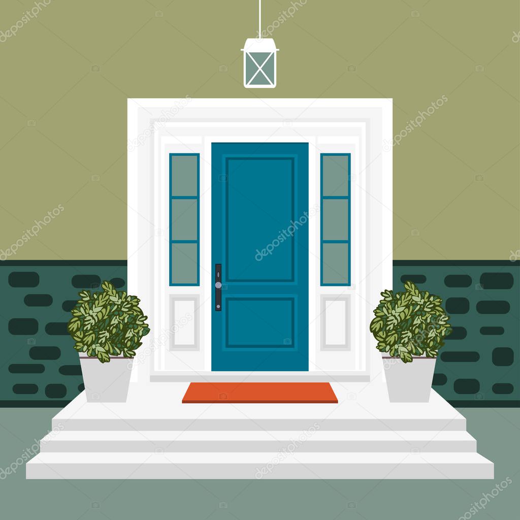 House door front with doorstep and mat, steps, window, lamp, flowers, building entry facade, exterior entrance design illustration vector in flat style