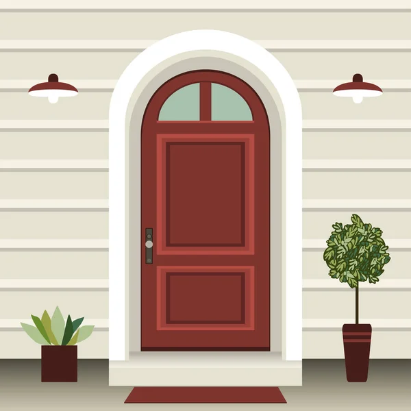 Σπίτι Μπροστά Πόρτα Πόρτα Και Mat Παράθυρο Λάμπα Λουλούδια Γλάστρες — Διανυσματικό Αρχείο