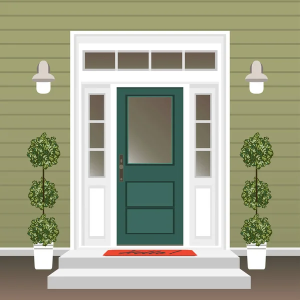 Σπίτι Μπροστά Πόρτα Πόρτα Και Ματ Βήματα Παράθυρο Λάμπα Λουλούδια — Διανυσματικό Αρχείο