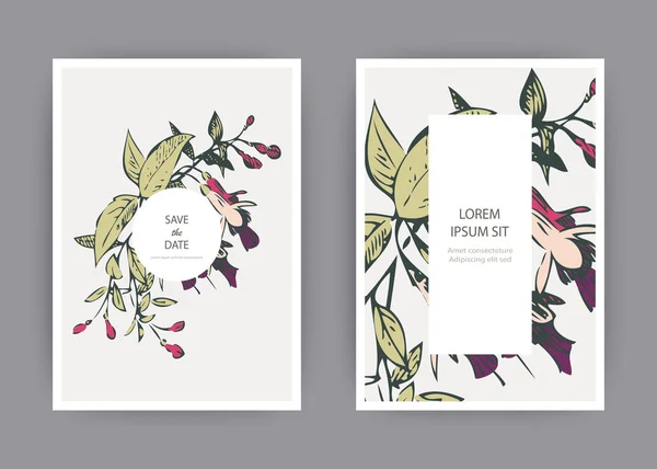 Mall För Botaniska Bröllop Inbjudan Kortdesign Handritad Fuchsia Rosa Blommor — Stock vektor