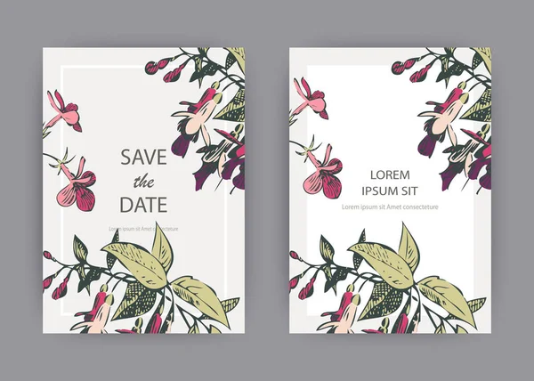Botanische Bruiloft Uitnodiging Kaart Sjabloonontwerp Hand Getrokken Fuchsia Roze Bloemen — Stockvector