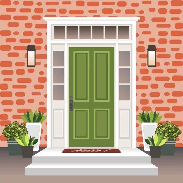 Ev kapı ön kapılarına ve adımları, lamba, tencere, çiçekler giriş cephe, dış giriş tuğla duvar tasarım illüstrasyon vektör düz tarzı ile bina ile