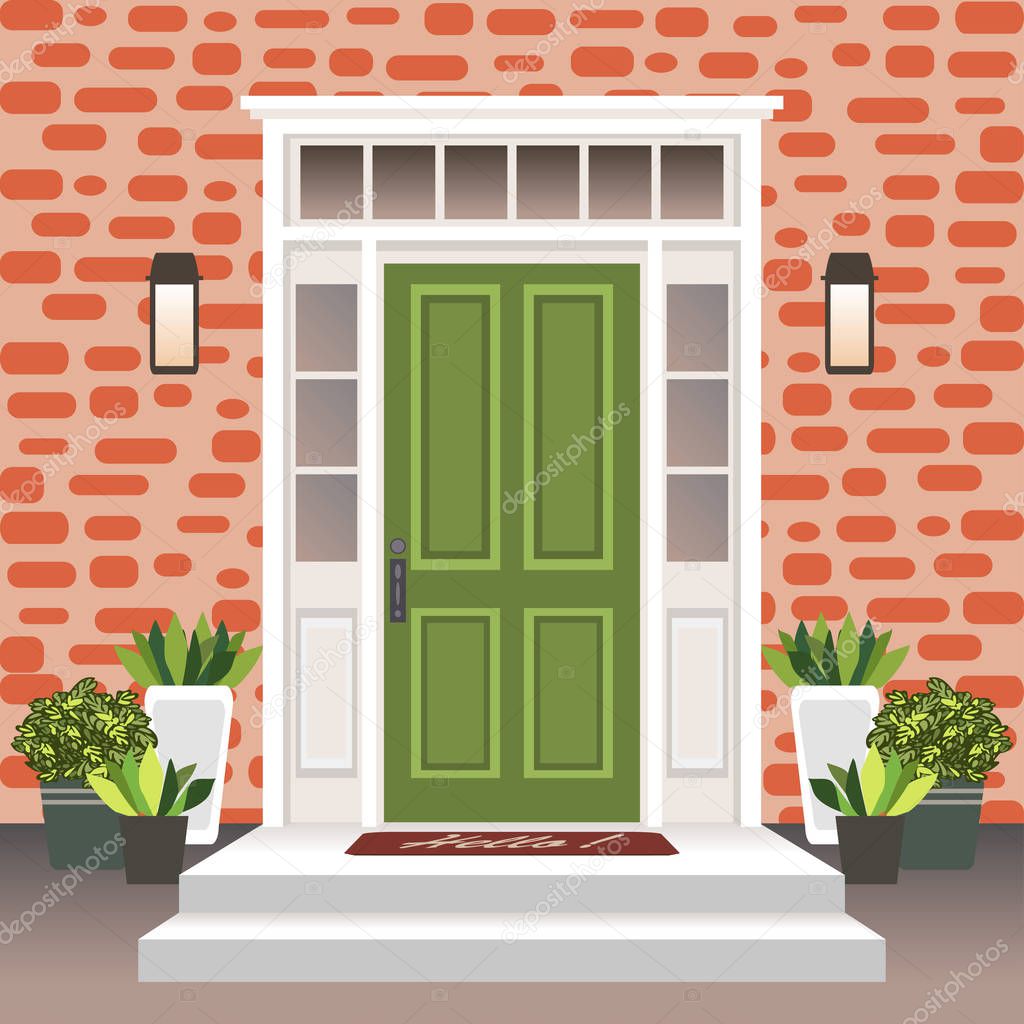 House door front with doorstep and steps, lamp, flowers in pots, building entry facade, exterior entrance with brick wall design illustration vector in flat style