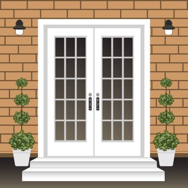 Ev kapı ön kapılarına ve adımları, lamba, tencere, çiçekler giriş cephe, dış giriş tuğla duvar tasarım illüstrasyon vektör düz tarzı ile bina ile