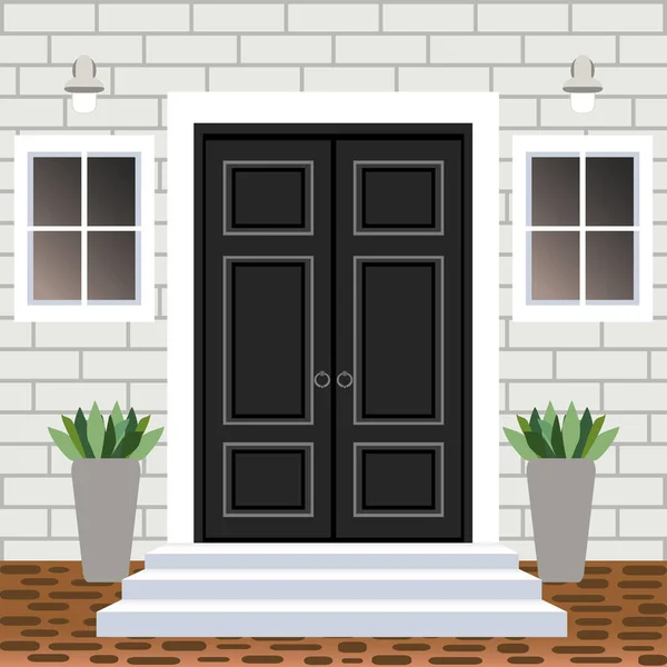 Σπίτι Μπροστά Πόρτα Πόρτα Και Βήματα Χήρα Λάμπα Λουλούδια Γλάστρες — Διανυσματικό Αρχείο