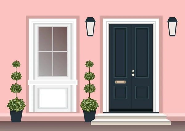 Σπίτι Μπροστά Πόρτα Πόρτα Και Βήματα Βεράντα Παράθυρο Λάμπα Λουλούδια — Διανυσματικό Αρχείο