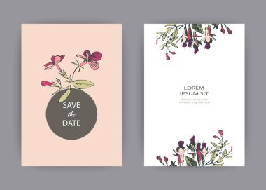 Botanik düğün davetiye kartı tasarım şablonu, elle çizilmiş Fuşya pembe çiçek yaprakları daire kare, pastel vintage kırsal tema beyaz arka plan, minimalist vintage tarzı, vektör çizim