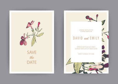 Botanik düğün davetiye kartı tasarım şablonu, elle çizilmiş Fuşya pembe çiçek ve yaprakları, pastel vintage kırsal tema ile beyaz arka planda, minimalist vintage tarzı kare çerçeve