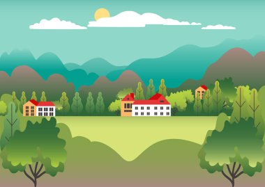 Trendy düz köyü peyzaj ve doğrusal stil vektör çizim. Dağlar ve tepeler, göl, çiçekler ve ağaçlar, üstbilgi görüntüler için afiş, Web siteleri için kopya alanı ile arka plan kapsar