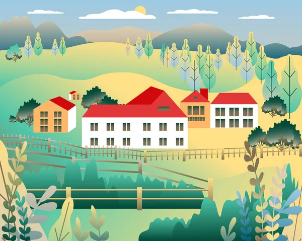 Village landscape in trendy flat style vector illustration. Mountains and hills, flowers and trees, abstract background with copy space for header images for websites, banners, covers