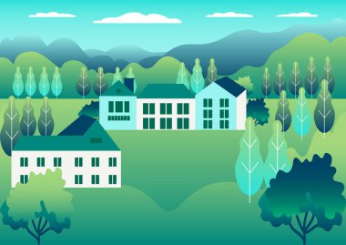 Kırsal Vadisi çiftlik kırsal. Köy, yatay, düz stil tasarım bir çiftlik. Müstakil Ev grubu ile yatay bir müstakil ev, ahır, bina, ağaç, arka plan çizgi film vektör çizim